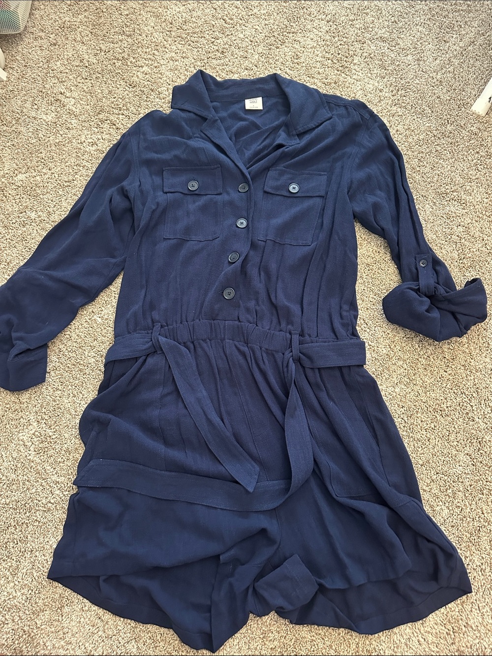 Women's Navy Button-Up Romper with Self Tie Waist